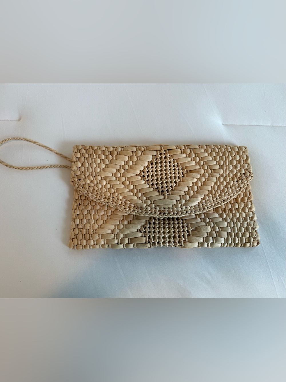 Bohemian Handwoven Straw Envelope Clutch Bag Natural Tan Geometric Design